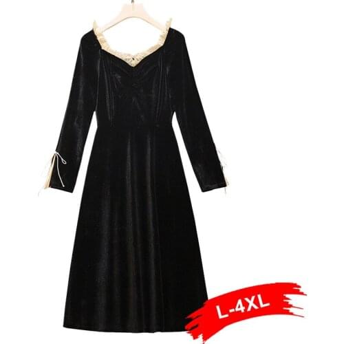 Size Ruffled Square Plus Collar Velvet Dress 5XL Autumn Spring Vintage High Waist Mid Long A-line Dresses Lady Party Wear