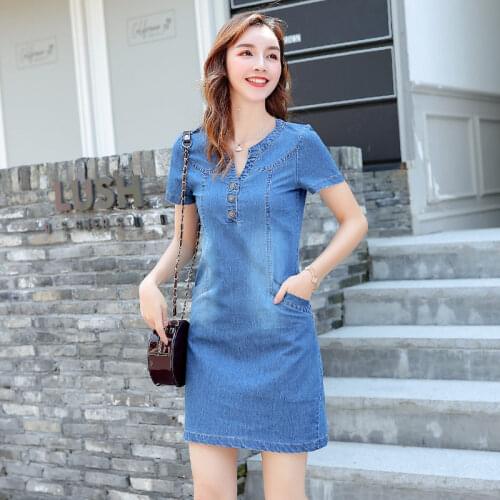 Fashion Denim Dress Women 2018 Summer New Style Casual Plus Size V Neck Slim Jeans Dress Female Mini Vestidos A239