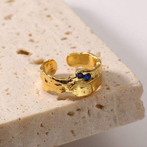 Pure S925 Silvering Open Ring For Women Blue Zircon Irregular Texture Gold Color Design Fashion 2020 Trend Jewelry New Year Gift