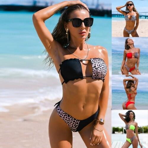 Two Piece Patchwork Leopard Strapless Swimwear Women Bikini Swimsuit Low Waist Beach Pool Party Thong Lace-up Hollow Bra