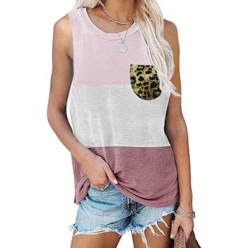 Leopard Print Pocket Tanks Top Womens Loose Casual Summer Sleeveless O-Neck Vest Femme Patchwork Undershirt Tanks Camis Shirt