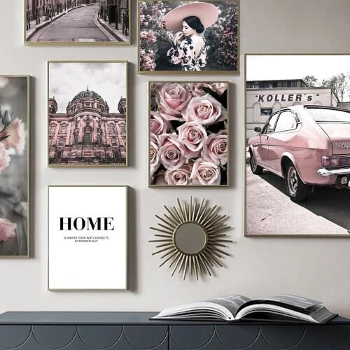 Moden Wall Art Poster Print Pink Rose Flower Car Street Girl Building Canvas Painting Nordic Home Pictures for Living Room Decor