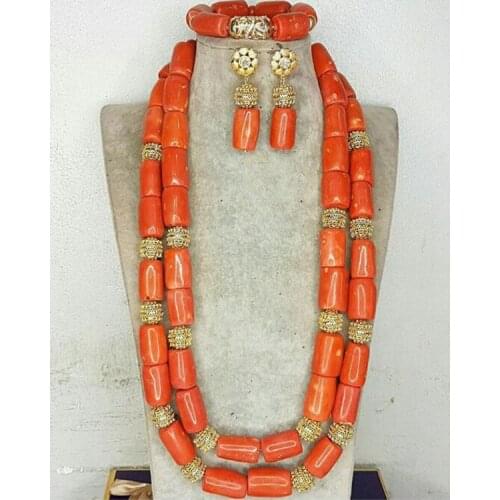 Nigeria Wedding Jewelry Handmade Original Coral African Beads Jewelry Set Gold Dubai Women Costume Jewelry Set Coral Party ABG8