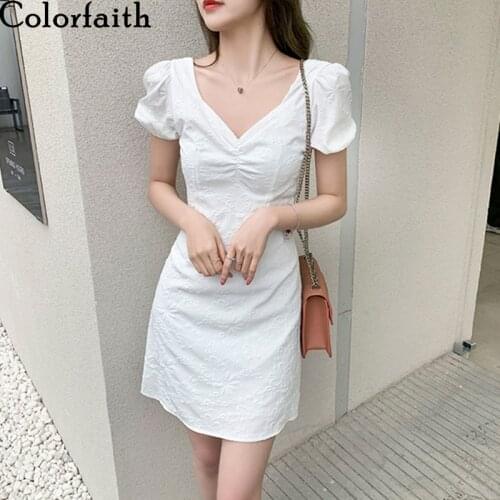 Colorfaith New 2021 Womens Summer Dresses Square Collar High Waist Elegant Backless Korean Style Lace Up Lady Wild Dress DR8849