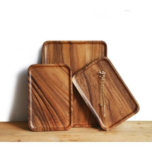 Japan Style Solid Acacia Wood Tray with Hand Slot Easy Handle Steak Fruit Tea Plate Serving Trays for Home/Hotel/Restaurant