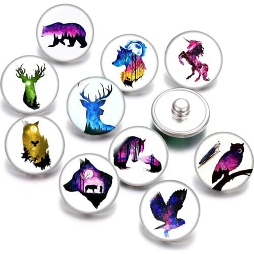 DB0986 Elk Owl Wolf Bear unicorn Animals 18mm snap buttons 10pcs mixed round photo glass cabochon style for snap button jewelry