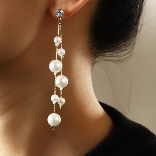 New Trendy Elegant Created Big Simulated Pearl Long Earrings Pearls String Statement Drop Earrings For Wedding Party Gift
