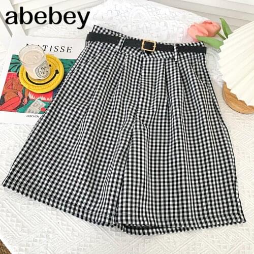 2021 New Summer Women Retro All-match Plaid Shorts high waist slim sashes Shorts loose casual Shorts
