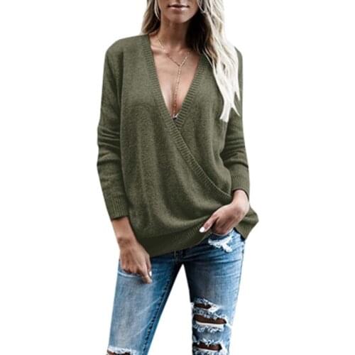 Umeko Autumn Winter deep V-Neck Long-sleeved Sweater solid Knitting Casual Solid Sweater Lady Tops for Women S-2XL Fashion sexy