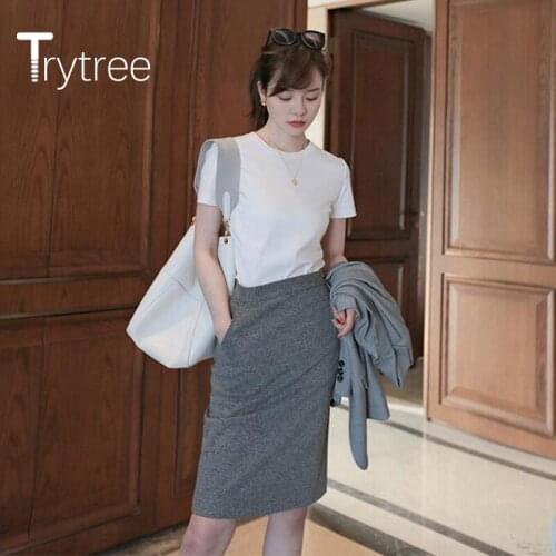 Trytree 2020 Summer Skirt Women Casual Slim fit Solid Fashion Elastic force All-Purpose Style Split hem Office Lady Skirt