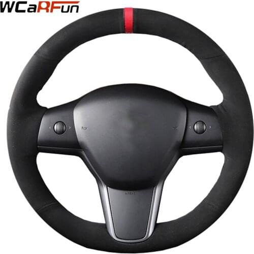 WCaRFun Black Suede Leather Car Steering Wheel Cover For Tesla Model 3 2017 2018 2019 Car Accessories