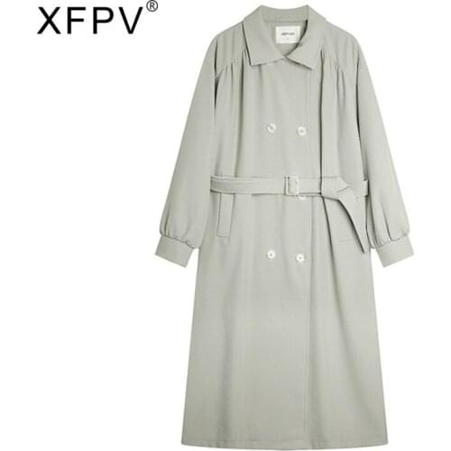 XFPV 2021 Autumn Winter New Fashion Korean Double Breasted Windbreaker Womens Casual Loose Medium Long Coat SM560
