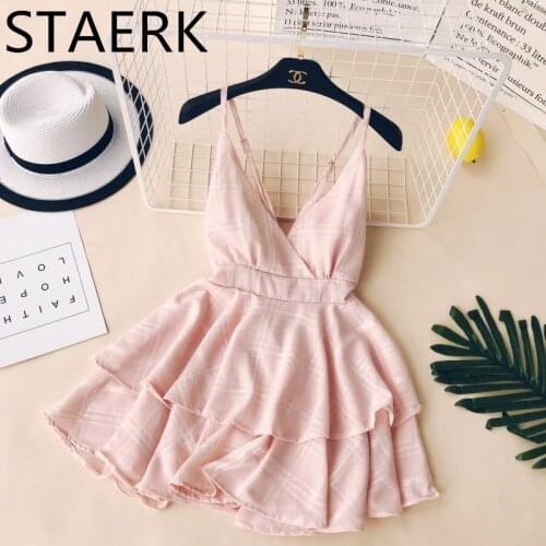 Fire Dress Skirt V-neck Sexy Show Back Cross Suspender with High Waist and Slender A-shaped Pompon Skirt Fairy Dress