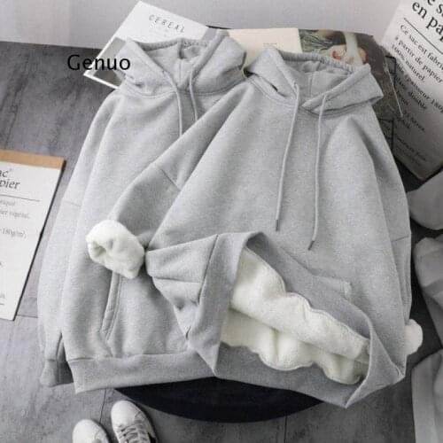 Women Winter Sweatshirts Coat Causal Warm Thick Pocket Solid Grey Black Female Hooded Coat Outerwear Harajuku Bf Oversize