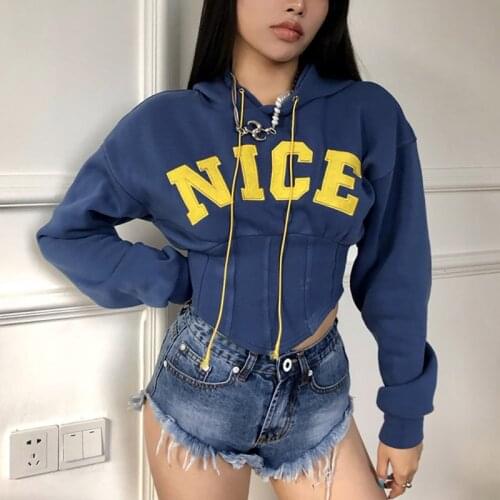 Women Lace Up Corset Hoodie Crop Tops Long Sleeve Solid Bandage Sweatshirt Basic Letter Hooded Tops Sport Workout Gym Tracksuits