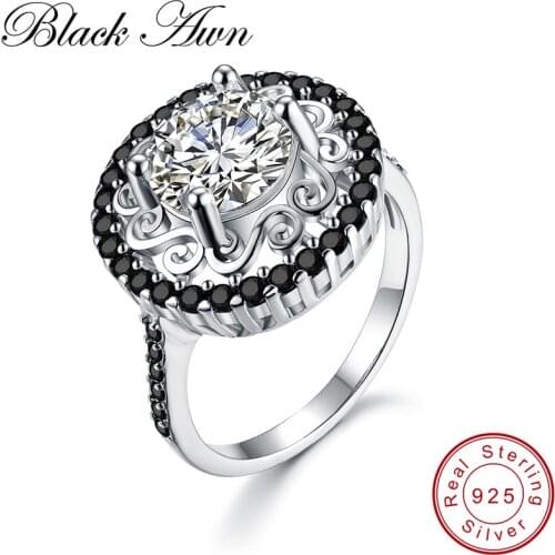 [BLACK AWN] 925 Sterling Silver Fine Jewelry Trendy Flower Engagement Rings for Women Black Spinel Wedding Ring C046