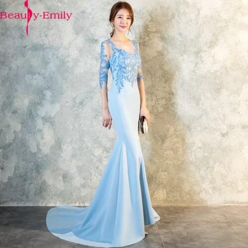 New Arrival Mermaid Evening Dress Elegant O Neck Half Sleeve Lace Dress with Applique Sexy Illusion Zipper Back Vestido De Festa