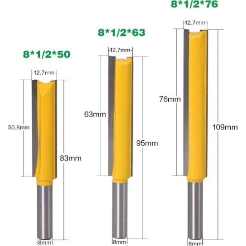 3 Pieces Extra Long Cutter Straight Router Bits Set 8mm Shank Flush Trim Woodworking Milling Cutters Kit