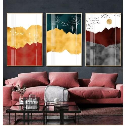 Nordic Abstract Posters Canvas Painting Mountain Landscape Posters And Prints Golden Sun Modern Wall Art Picture for Living Room