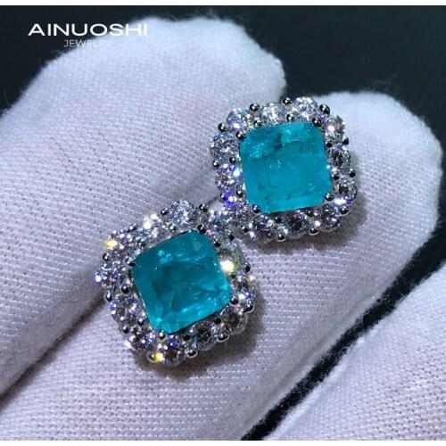 AINUOSHI 925 Sterling Silver Square Asscher Cut 7x7mm Lad Created Paraiba Classic Stup Earrings For Women Gem Earrings
