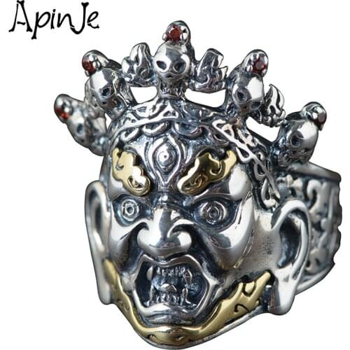 Apinje Vintage Jewelry 925 Sterling Silver Buddha Ring for Men Mythical Retro Biker Men Rings