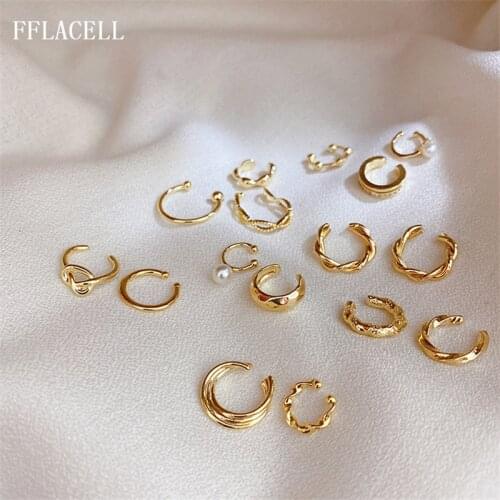 FFLACELL 2020 Trendy Pearl Curved Knotted Thread Hollow No Piercing Metal Ear Bone Ear clip Earrings Set For Women Jewelry