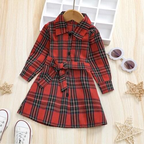 FOCUSNORM 1-6Y Fashion Autumn Kids Girls Xmas Dress With Belt Long Sleeve Single Breasted Plaid Printed A-Line Dress