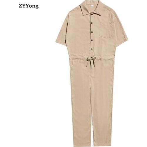 Summer Jumpsuit Men Overalls Rompers Turndown Collar Short Sleeve Straight Casual Cargo Pants Joggers Ankle Length Trousers