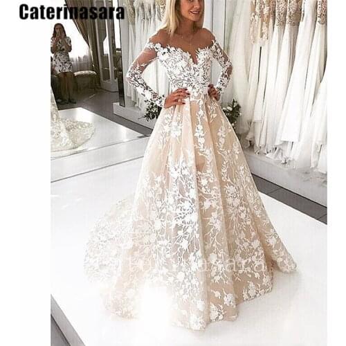 Champagne Illusion Lace Long Sleeves A-line Wedding Dress Backless Bridal Gown 2021 Custom Made