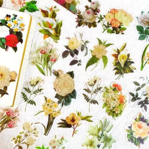 60PCS Colorful Hand-Painted Flower Stickers DIY Scrapbook Journal Base Collage Phone Case Diary Album Happy Planner Decoration