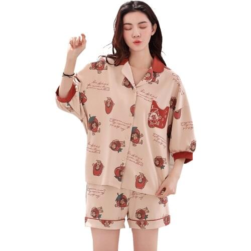 100% Cotton Short Sleeves Pyjamas Women Pajama Sets Shorts Ladies Cute Cartoon Print Kawaii Simple Sleepwear Homewear Pijamas