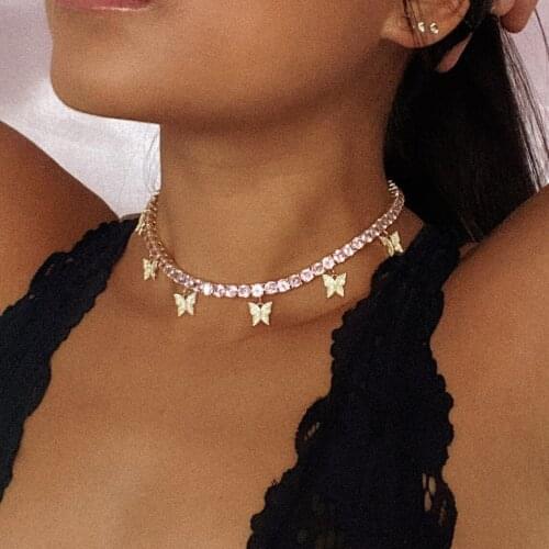 Pink Pinky Drip CZ Butterfly Charm Tennis Chain 32+10cm Choker Necklaces HipHop Iced Out Bling Sparking Choker Women Jewelry