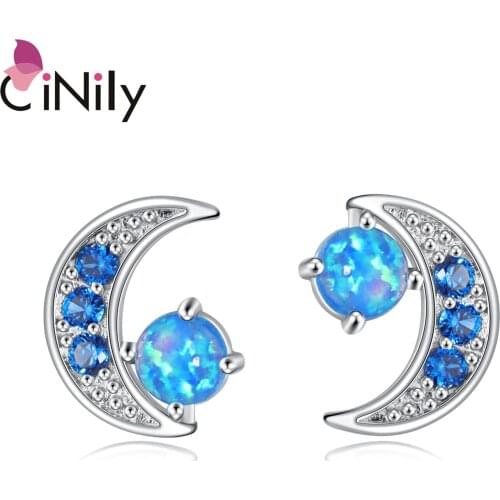 CiNily Blue Fire Opal Blue Zircon Plated Exquisite Moon Stud Earrings for Girls Jewelry