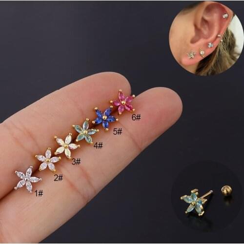 1PC Fashion Rainbow Cz Flower Stud Earring for Women Small Ear Bone Labret Piercing Cartilage Earring Helix Daith Tragus Jewelry