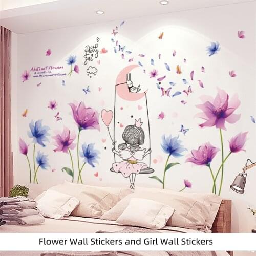 [shijuekongjian] Cartoon Swing Girl Wall Stickers DIY Flowers Plants Mural Decals for Kids Bedroom Living Room House Decoration