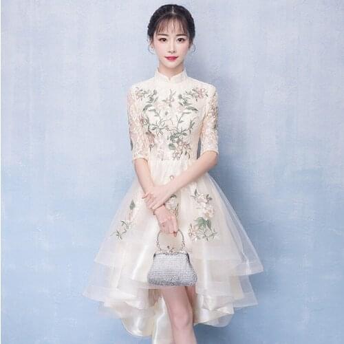 Embroidery evening dress 2019 new banquet noble elegant front short back long dress Chinese style bridesmaid dress Vestidos