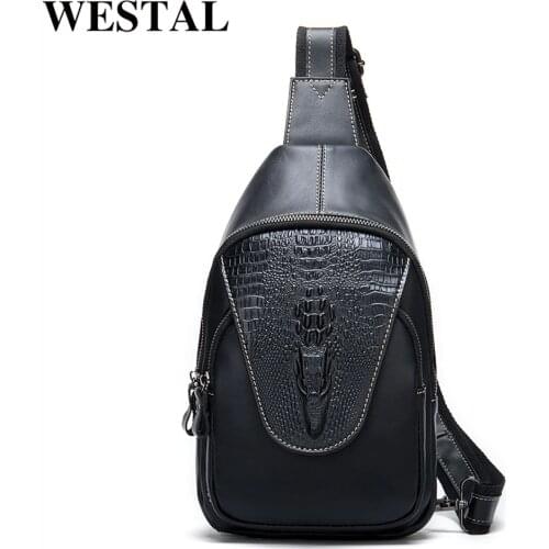 WESTAL Genuine Leather Bag mens chest bags male Sling Bag Leather pattern Crocodile Zipper luxury brand designer bags 8082