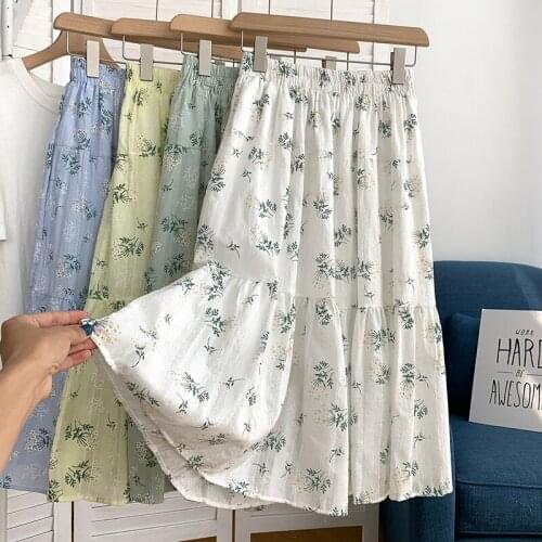 Printed mid-length skirt women 2021 new elastic waist Korean version was thin with A-line skirt