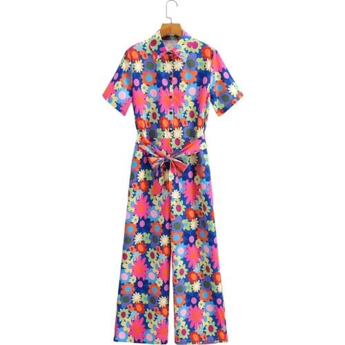 Sweet Lapel Short Sleeve Colorful Flowers Printed Women Jumpsuit Vintage with Belt Draw Back Chic Female Straight Jumpsuit