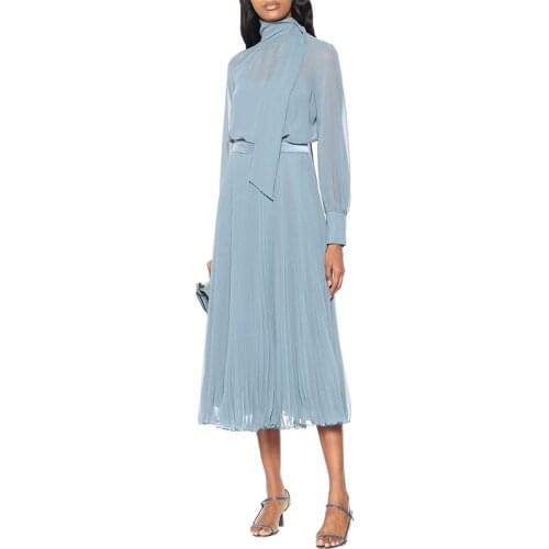Womens dress 2021 new ladies temperament long sleeves waist waist fake two-piece fashion pleated blue long dress