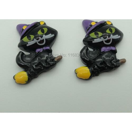 1pcs/lot resin flat back Halloween broom black cat 27mm Cabochons Scrapbooking Hair Bow Center DIY Christmas decration C105-3