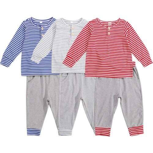 New Toddler Baby 2Pcs Fall Outfits, Long Sleeve Crew Neck Striped Tops + Elastic Waist Pants Set
