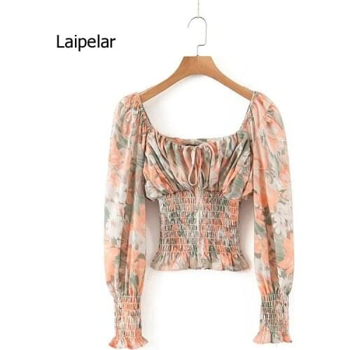 2021 Autumn Bow Tie Floral Print Shirt Womens High Waist Long Puff Sleeve Summer Top Design Chiffon Shirt