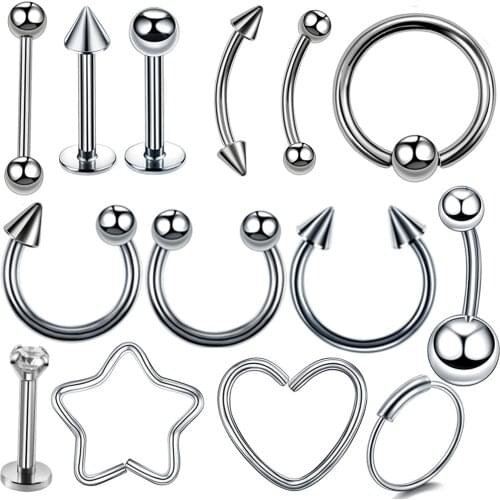 7/9/12/14Pcs/Lot Surgical Steel Nose Rings Studs Punk Style Ear Eyebrow Lip Tongue Belly Button Ring Body Piercing Jewelry Gifts