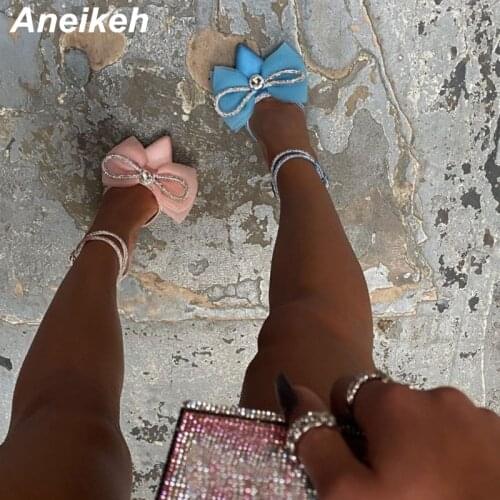 Aneikeh Spring/Autumn 2021 Womens Shoes Sweet Butterfly-Knot Cross-Tied Crystal Lace High Heels Ladies Pumps Zapatos De Mujer