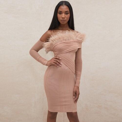 BEAUKEY 2021 Winter Sexy Women Bandage Dresses Bodycon Slash Neck Feathers Club Khaki Off Shoulder Celebrity Vestido Knee Length