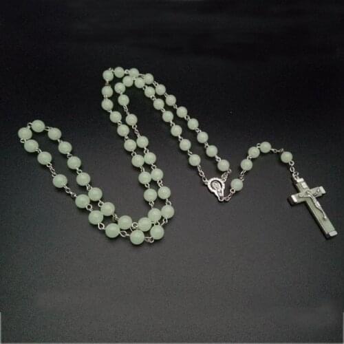 Religious Gothic Luminous Cross Pendant Rosary Necklace Acrylic Beads Strand Charm Necklace for Men Women Religious Pray Jewelry