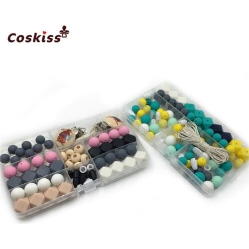 Baby Teether Toys 2 Boxed Silicone Teething Kit Geometric Hexagon Silicone Wooden Beads Teething Beads DIY Baby Nursing Necklace