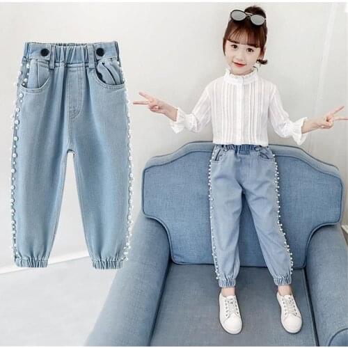Girls Jeans 2020 Spring Autumn Fashion Elastic Waist Pants Girl New Casual Pearls Jeans Slim Trousers Pencil Pants 2-13 Years