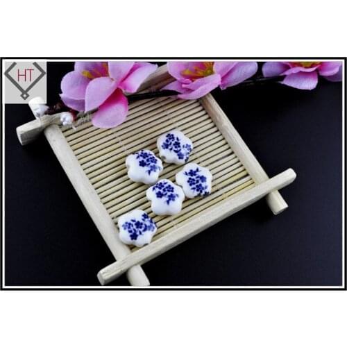 Handmade Printed Porcelain Beads, Blue Little Flower Printing Ceramic Beads, 15mm, Hole:3mm 10pcs/lot